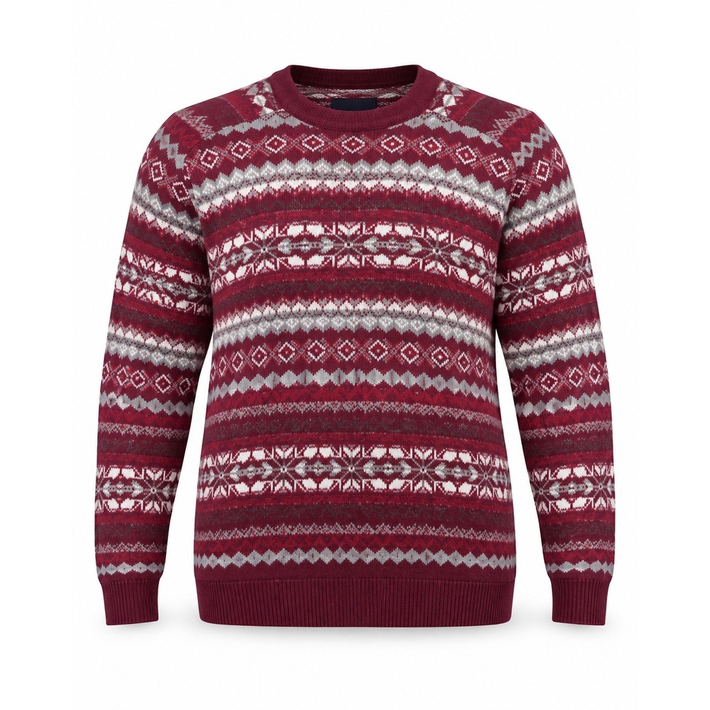 Lands End Mens XL Burgundy Fair Isle Wool Blend Crew Neck Sweater Red Grey